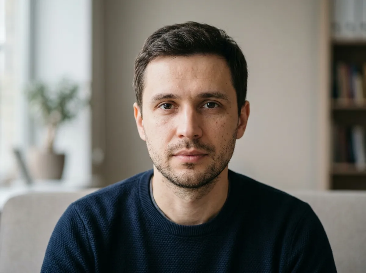 Аватар пациента Сергея Петрова, мужчина 35 лет, сдержанный взгляд, нейтральный фон